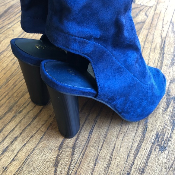 Peep Toe Block Heel Boots Navy Open Back Backless - Picture 4 of 5
